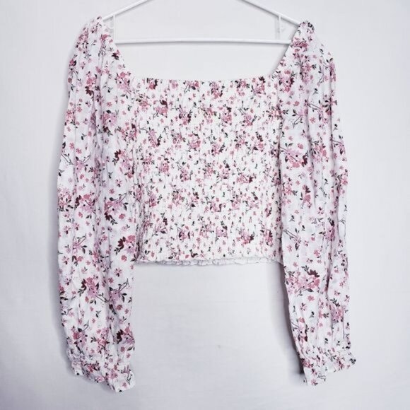 American Eagle White & Pink Floral Smocked Crop Bodice Blouse Top Womens Size XL - Picture 5 of 9